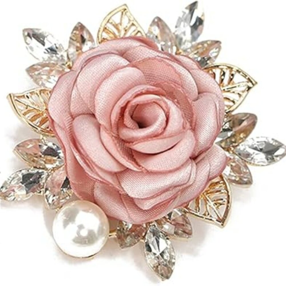 Elegant Pink Rose Brooch with Rhinestones and Pearl Accent
